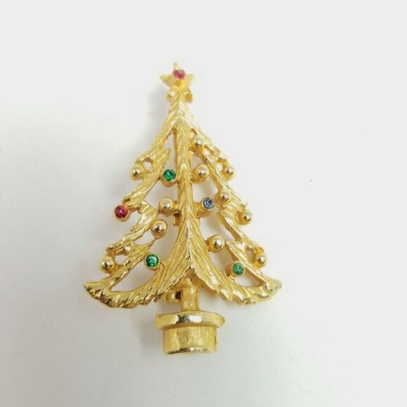 Vintage Gold Tone Christmas Tree Brooch, Holiday Festive Retro Estate Ornaments - Picture 5 of 5